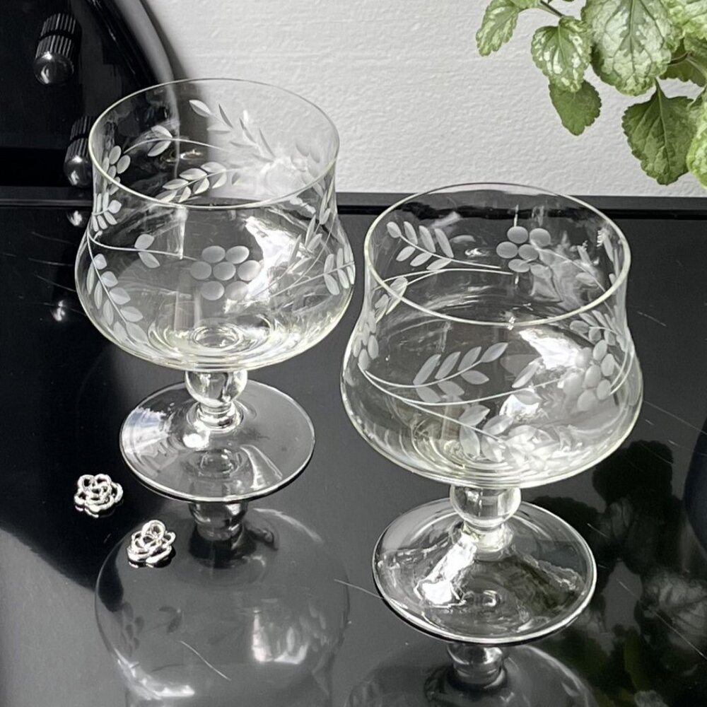 2 Vintage Floral Etched Crystal Brandy Sniffer / Shrimp Cocktail Chiller Glasses